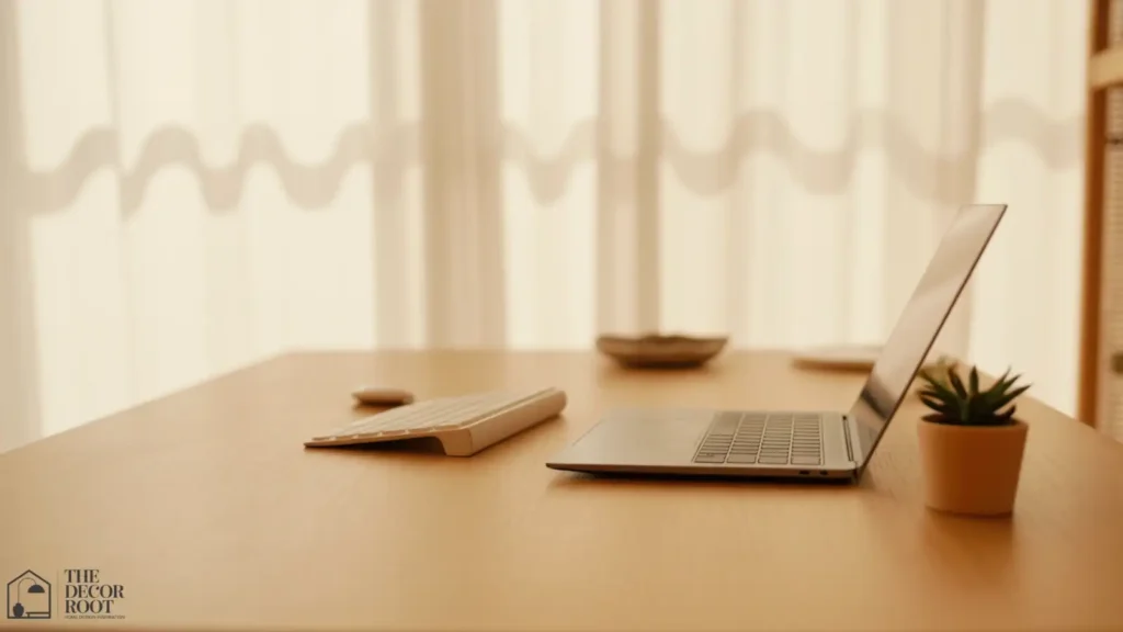 Minimalist desk with one small plant as the only decor item