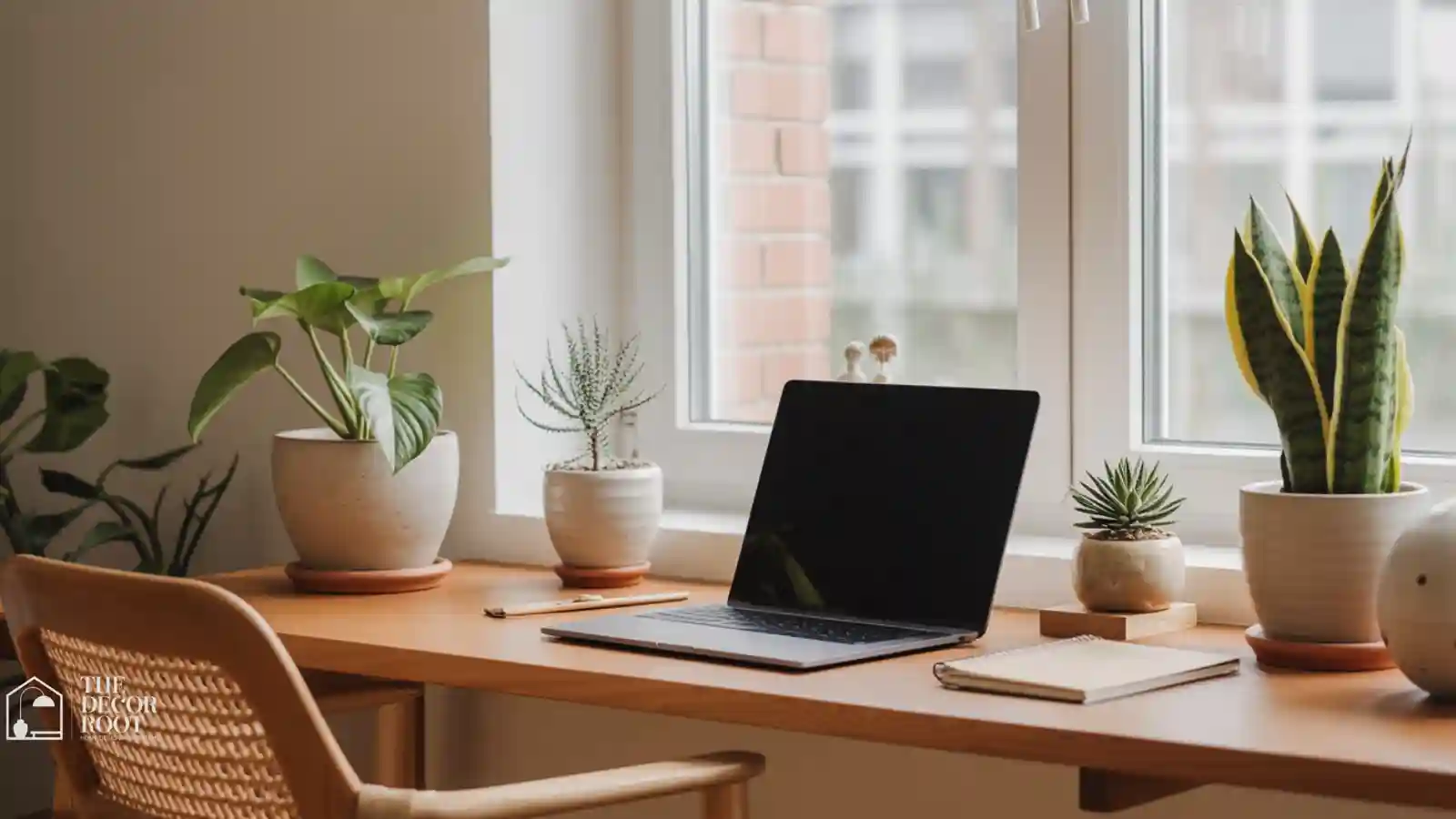 Home office desk styled with focus-boosting plants including pathos and snake plant
