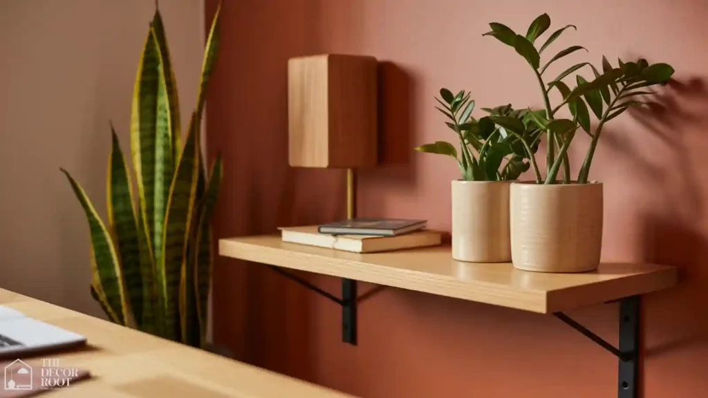 Snake plant and ZZ plant styled on a shelf beside a home office desk