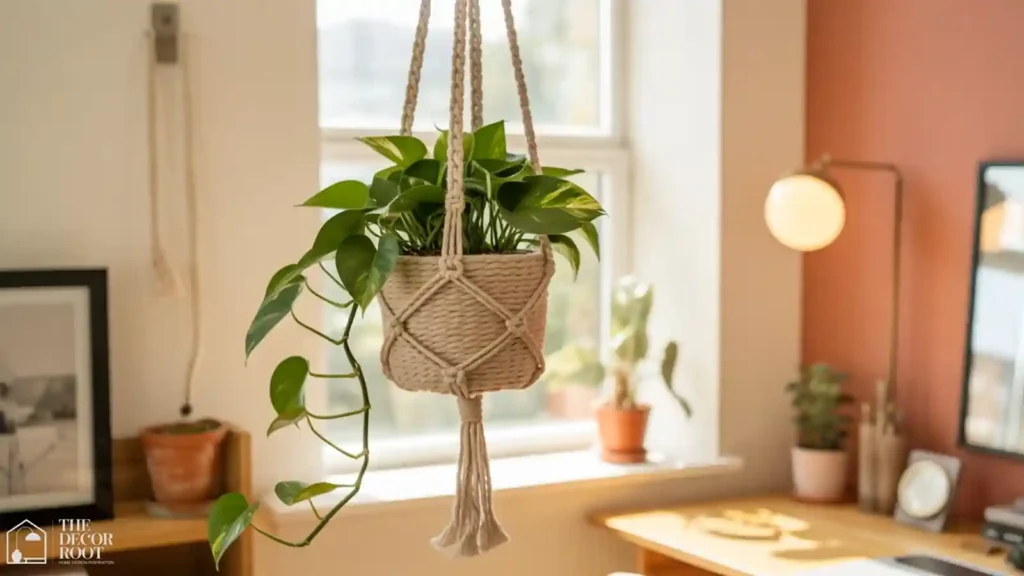 Trailing pothos in a macrame hanger near a bright home office window