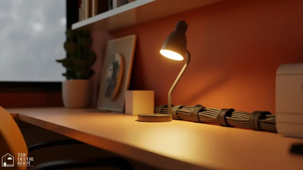 Home office desk with a warm desk lamp and organized cables underneath