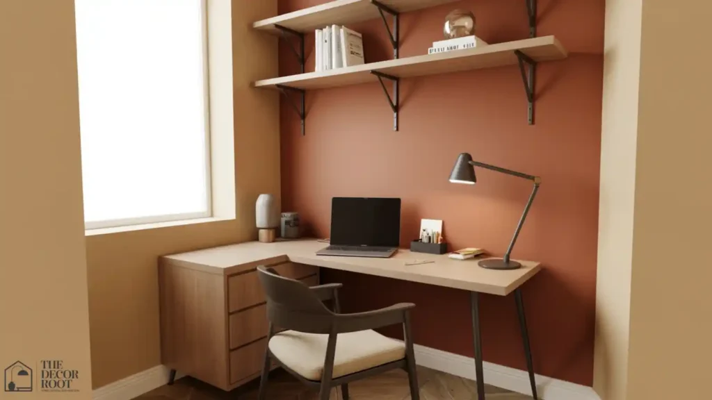 Floating shelves styled against a peel-and-stick wallpaper accent wall in a home office