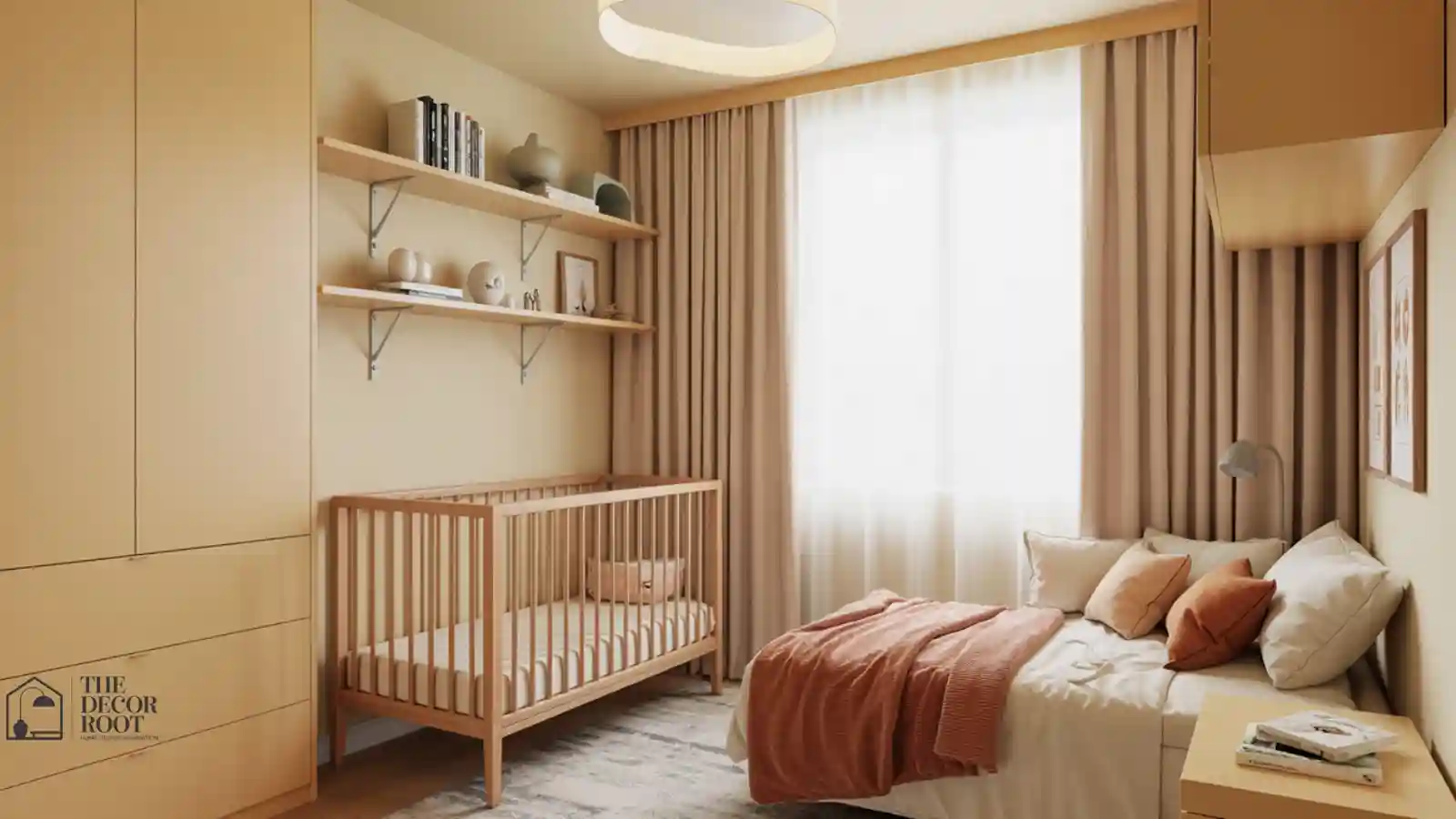 Small nursery styled with a mini crib and wall-mounted storage in a tight layout