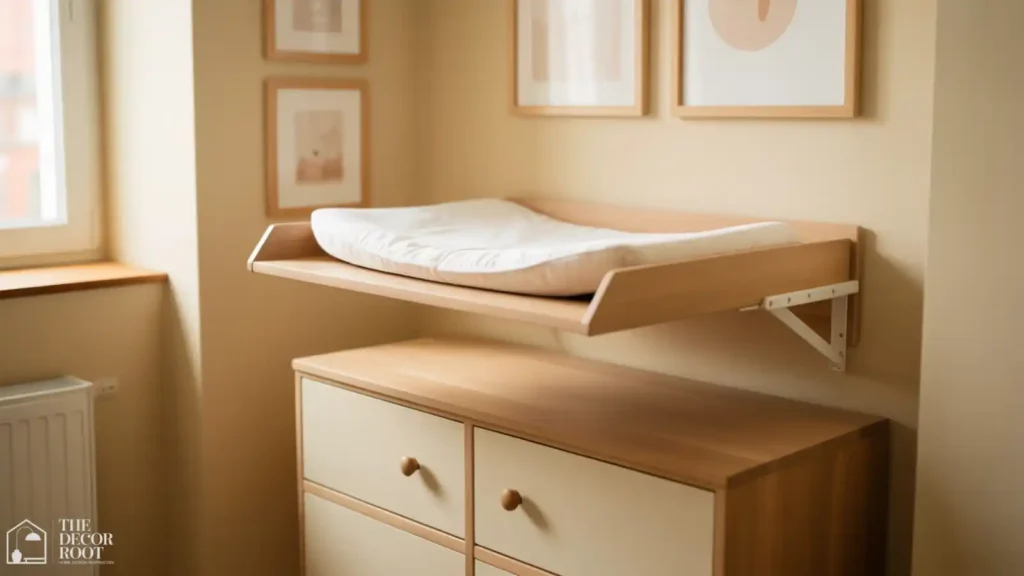 Wall-mounted fold-down changing pad in a small nursery to save floor space
