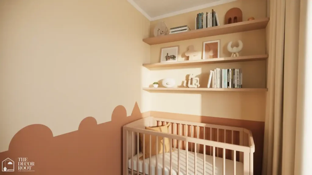 Mini crib beside floating shelves in a small, space-efficient nursery