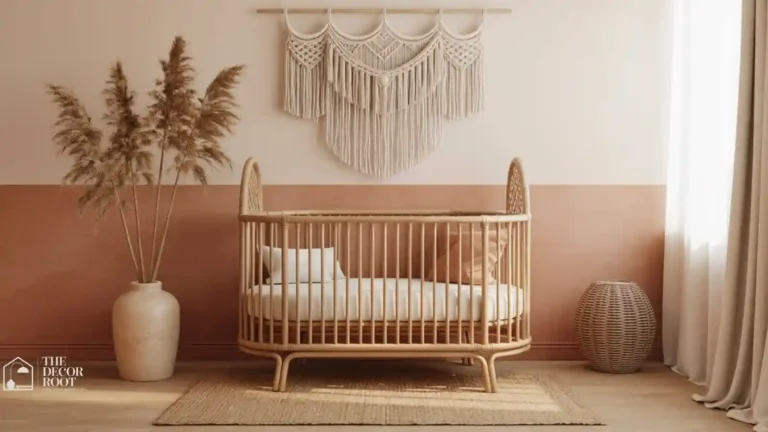 Boho nursery with rattan crib, woven wall hanging, and warm neutral textiles