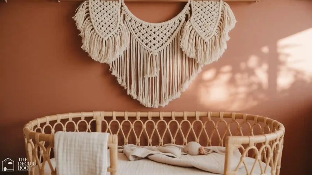 Macrame wall hanging above a rattan crib in a boho nursery