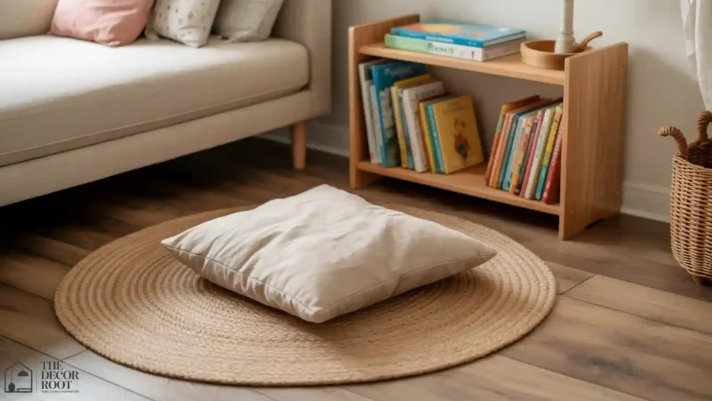 Boho nursery reading corner with jute rug, floor cushion, and low bookshelf