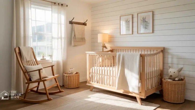 Farmhouse nursery with shiplap accent wall, wood crib, and warm neutral textiles