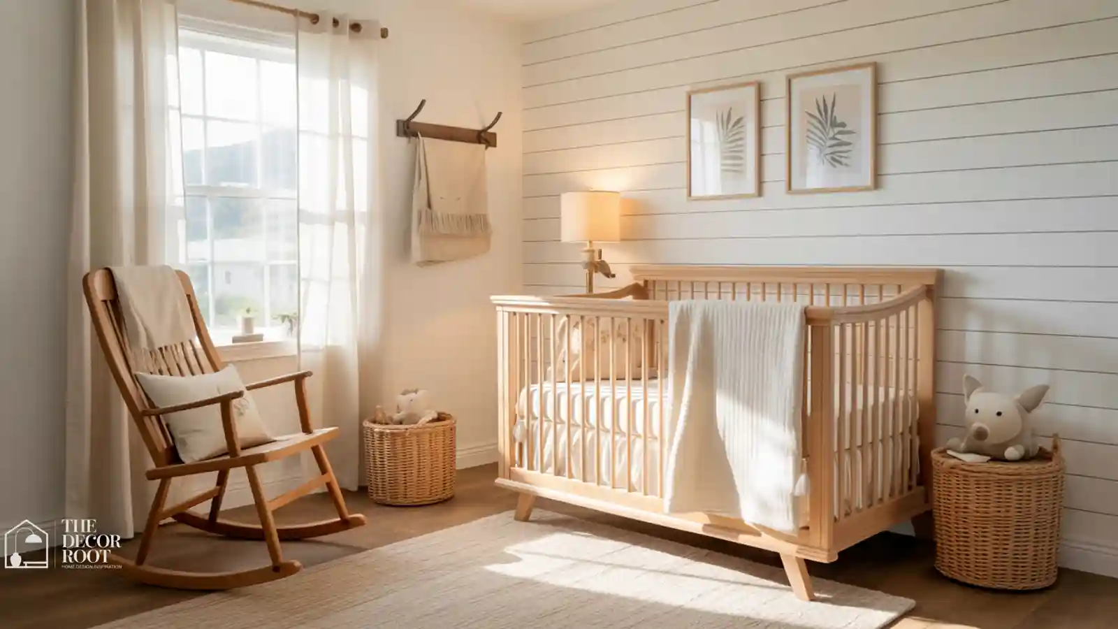 Farmhouse nursery with shiplap accent wall, wood crib, and warm neutral textiles