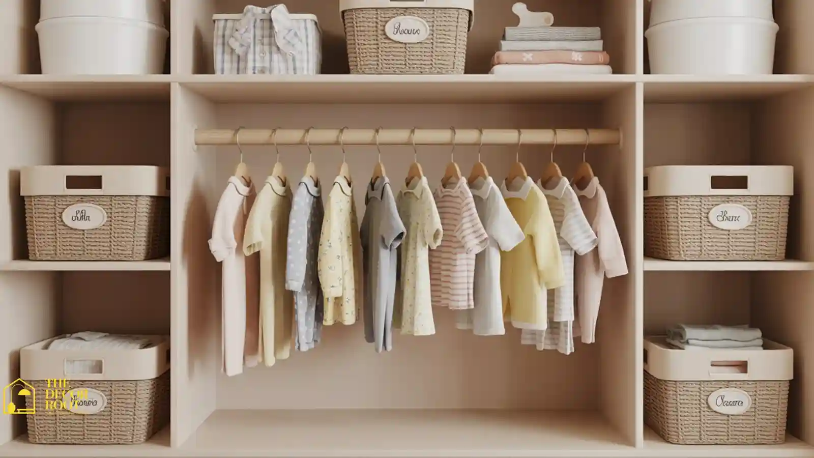 Organized nursery closet with labeled bins, hanging clothes, and shelf dividers