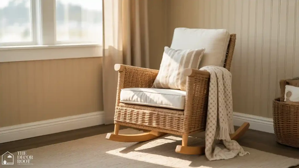 Wood rocking chair with woven throw blanket in a farmhouse nursery corner