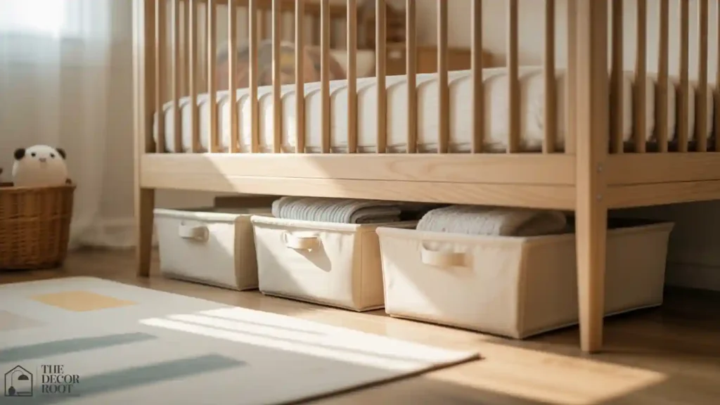 Low-profile storage bins slid under a nursery crib