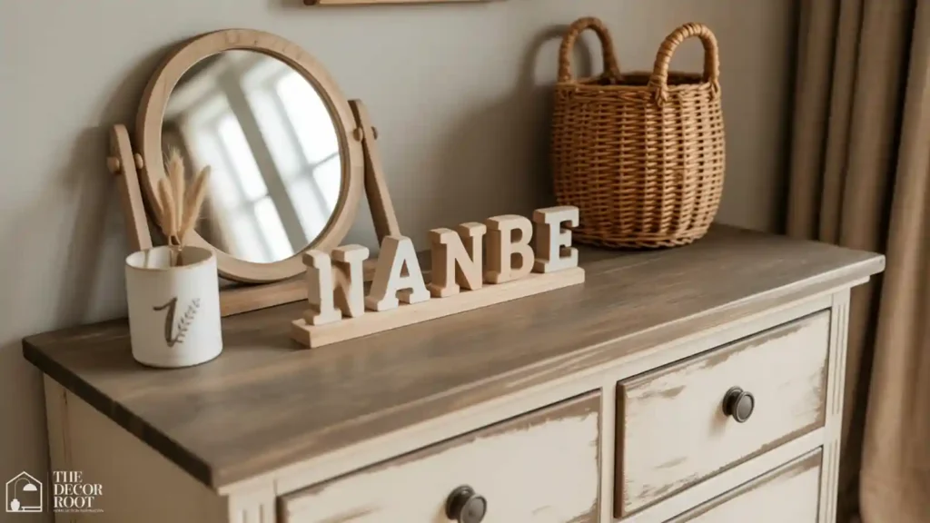 	Distressed wood dresser styled with letter blocks and a wood-framed mirror