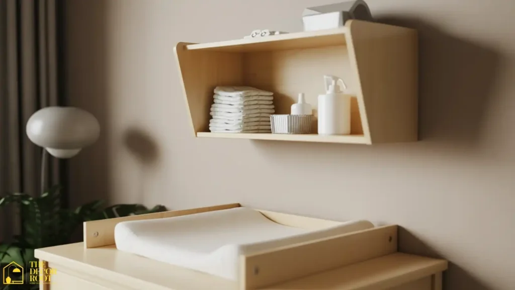 Wall-mounted shelf above a nursery changing table holding diapers and wipes