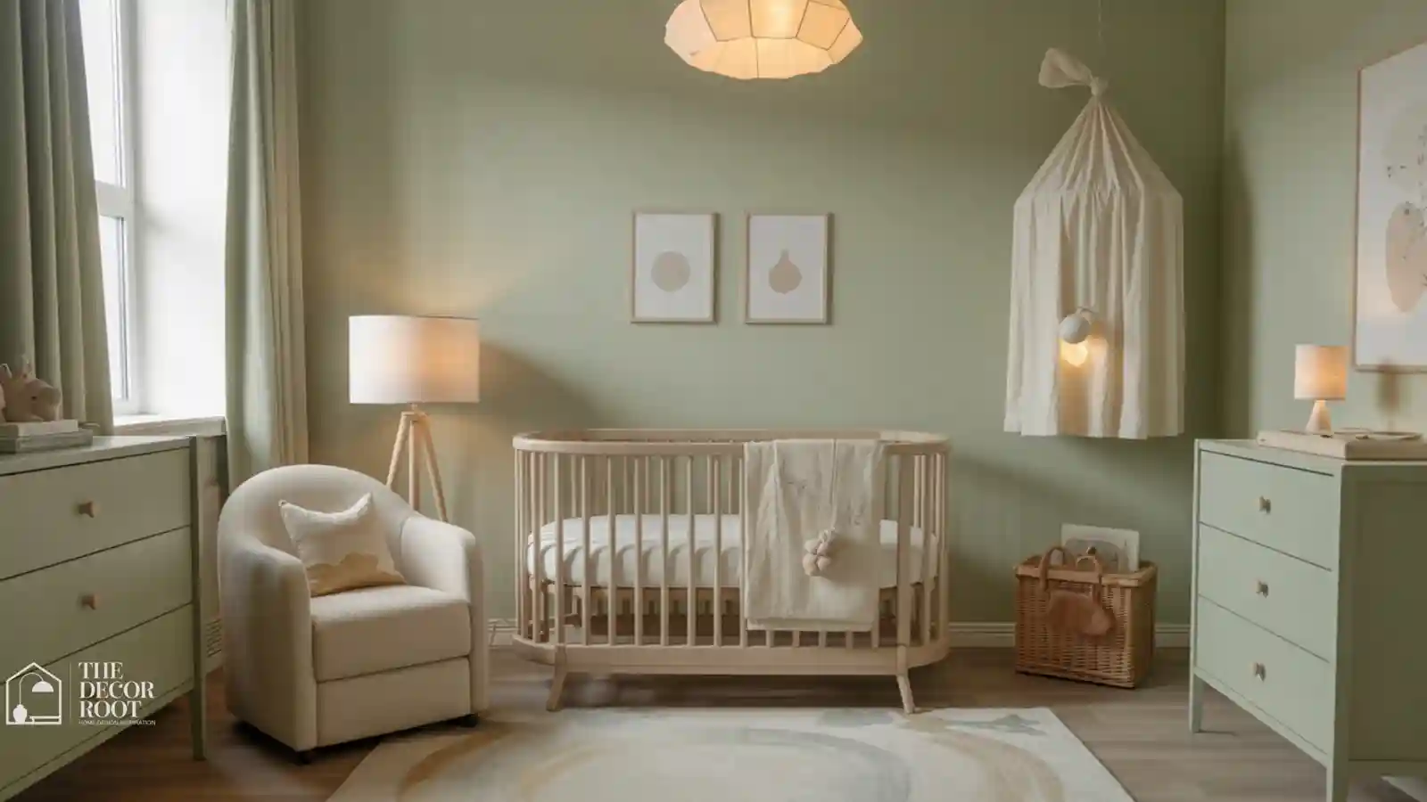 Nursery painted in a soft muted sage green with warm neutral accents