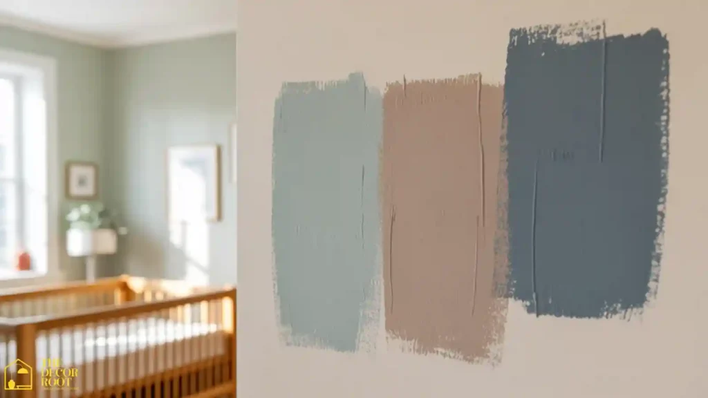 Paint sample swatches tested on a nursery wall in muted neutral tones