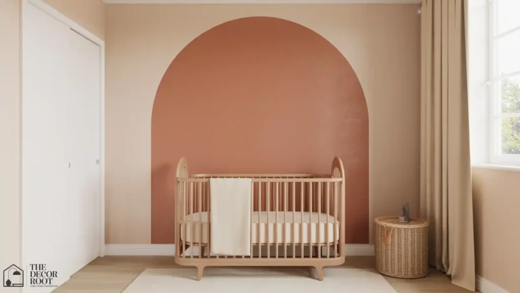 Nursery with a single muted terracotta accent wall behind a wood crib