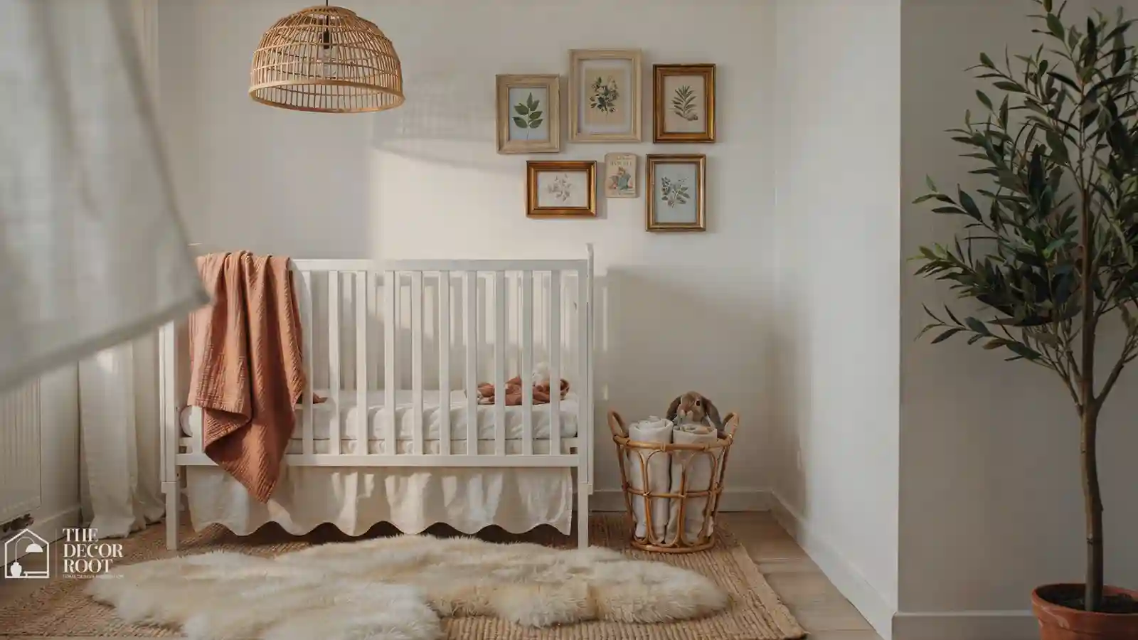 Budget nursery reading corner with ladder shelf, macramé wall hanging, and layered textiles