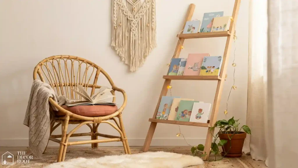 Budget nursery reading corner with ladder shelf, macramé wall hanging, and layered textiles