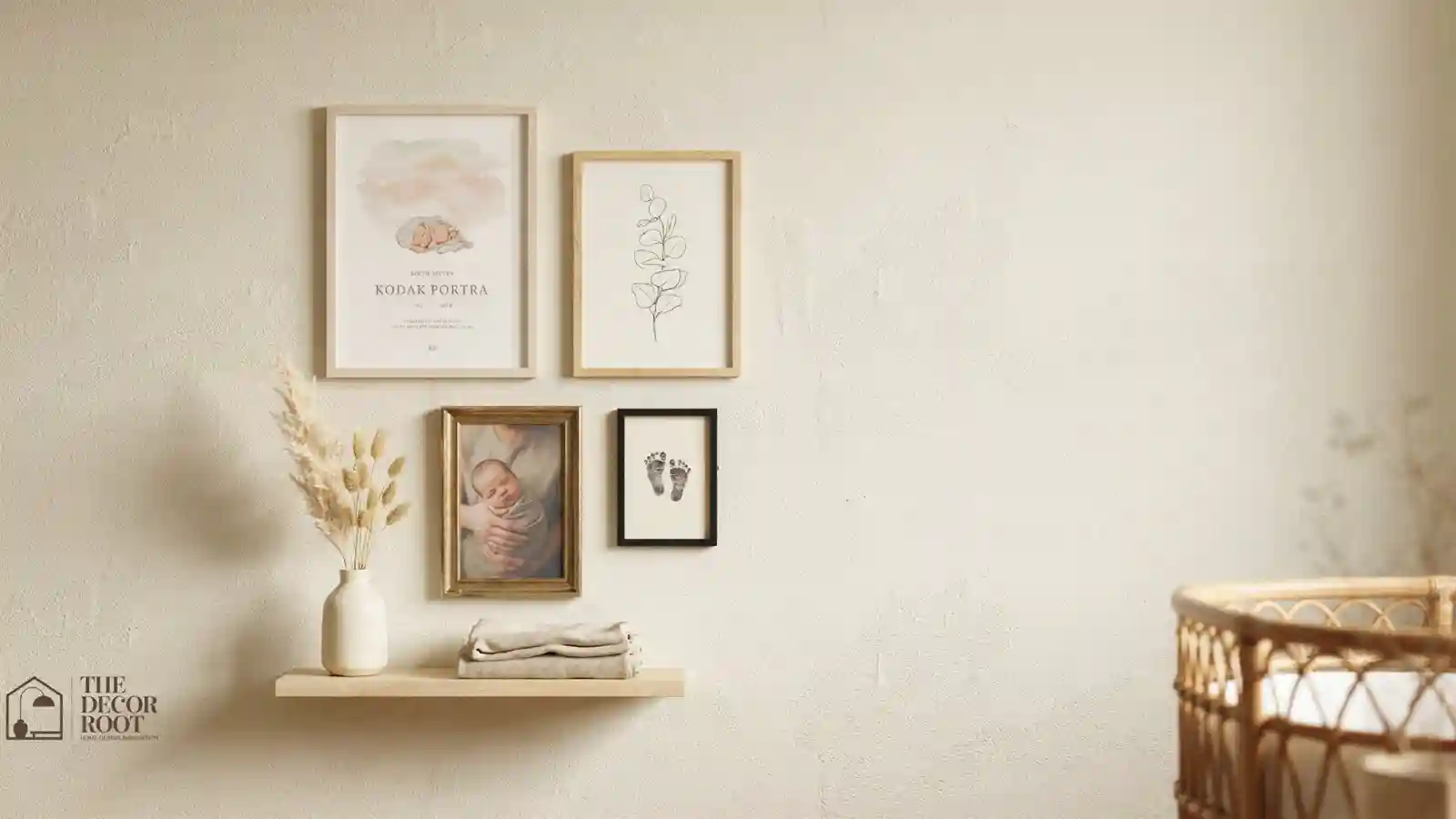 Personal nursery wall art gallery with birth stats print, footprint art, and family photos