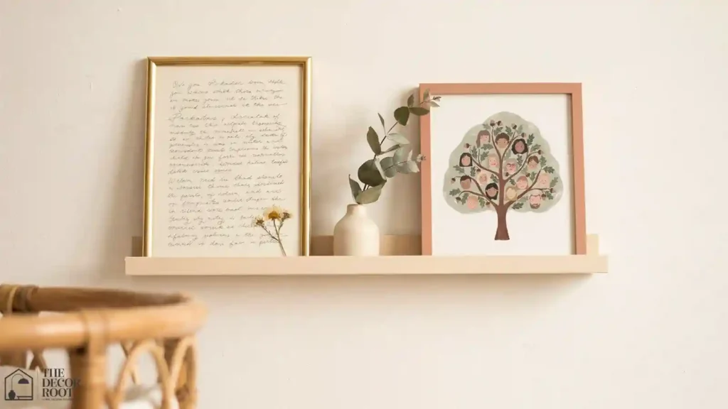 Handwritten letter frame and family tree print styled together in a nursery