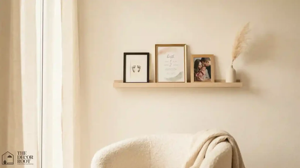 Layered picture ledge display with footprint art, birth stats print, and family photo in a nursery