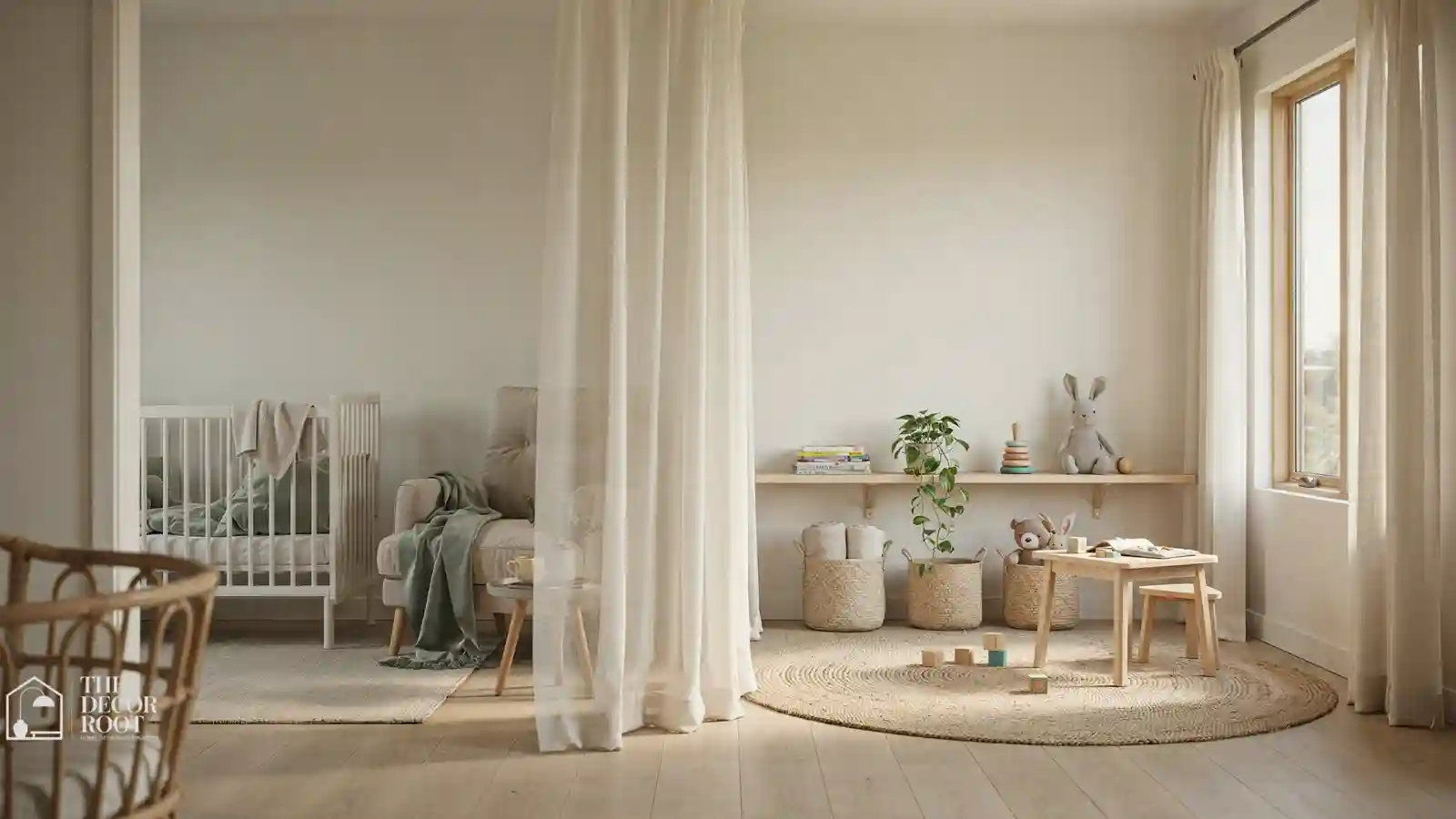 Shared nursery and playroom with a curtain divider separating the crib area from the play zone