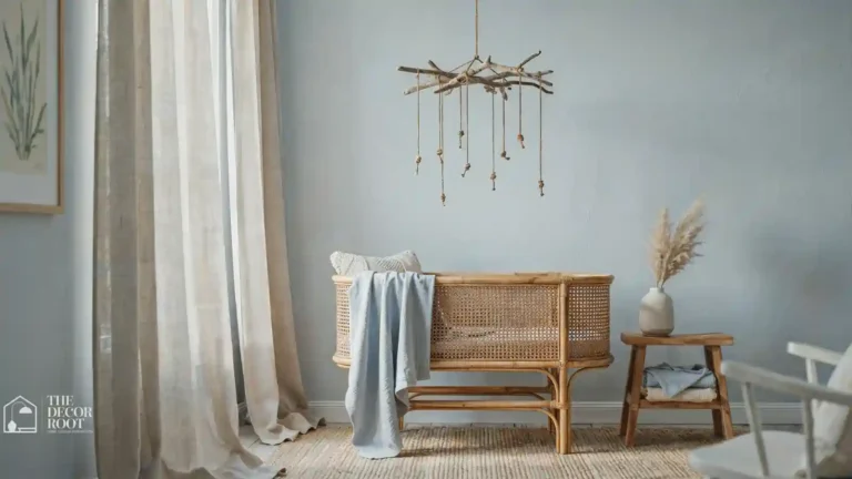 Coastal nursery with soft blue walls, woven seagrass rug, and natural linen curtains