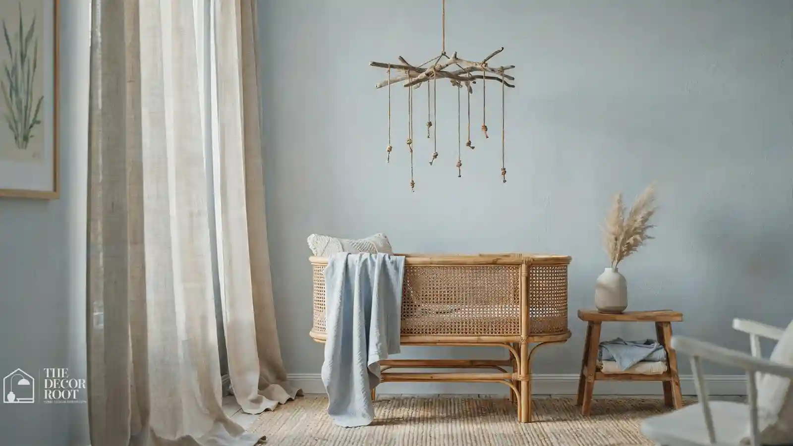 Coastal nursery with soft blue walls, woven seagrass rug, and natural linen curtains
