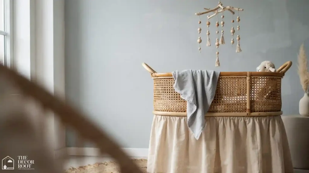 Rattan bassinet with a driftwood and wood bead mobile hanging above it in a coastal nursery