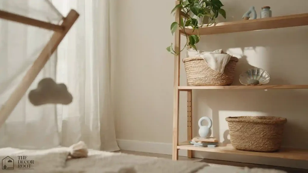 Woven seagrass storage baskets styled in a light-filled coastal nursery corner