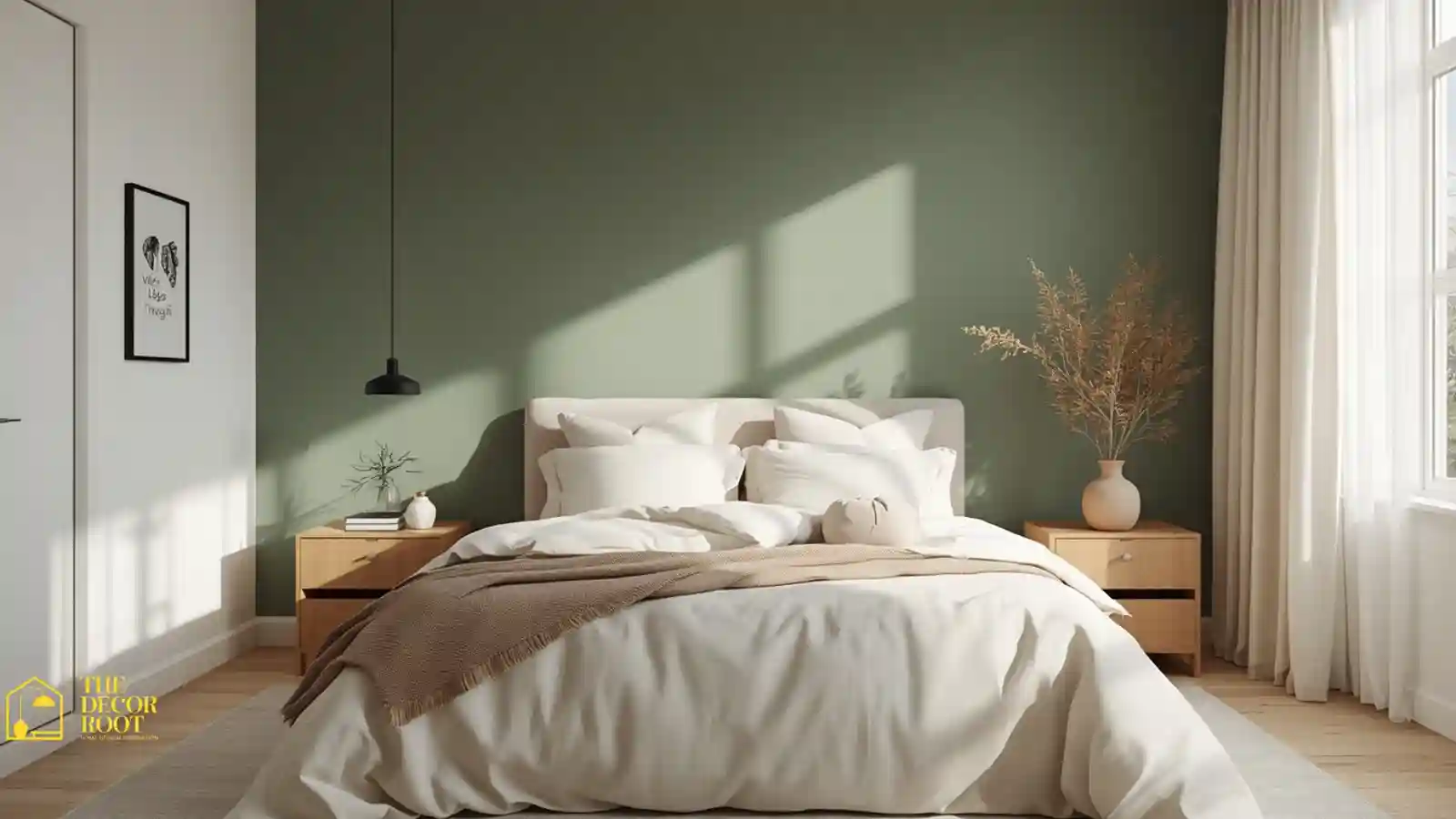 Calming sage green bedroom with soft bedding designed using color psychology for better sleep