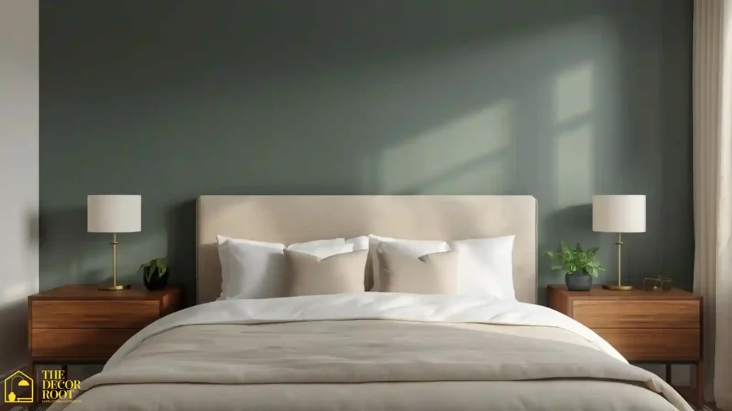 Muted slate teal accent wall behind a bed with warm wood nightstands for a calming sleep-focused bedroom