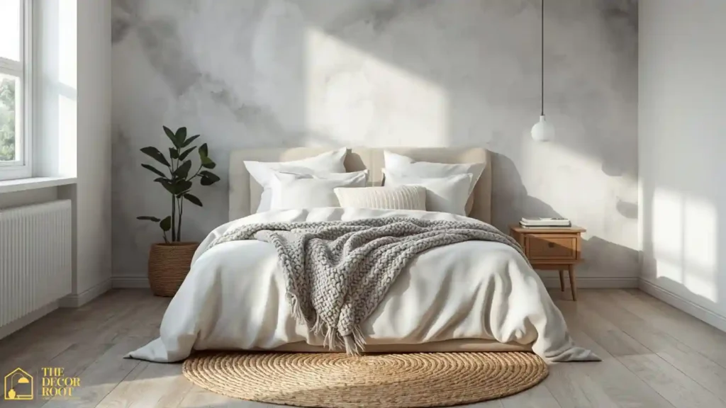 Cloud gray-white bedroom with layered neutral textures designed for restful sleep