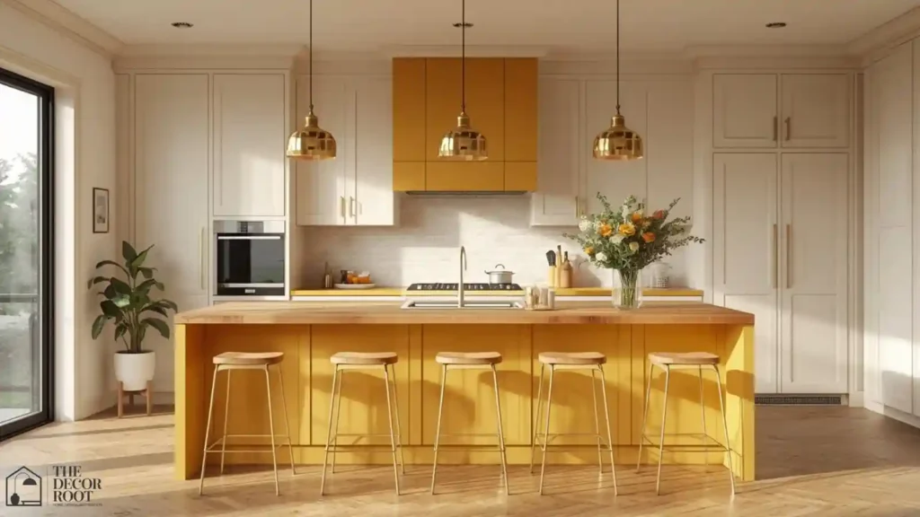 Mustard yellow kitchen island with brass bar stools in a warm appetite-boosting kitchen
