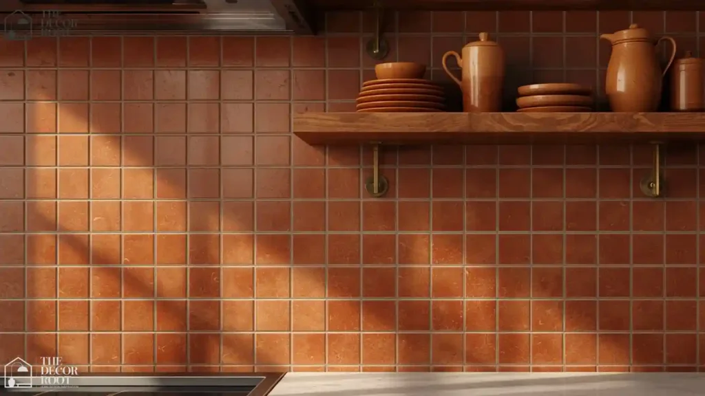Rust and cream kitchen backsplash styled with ceramic dinnerware for an appetite-boosting look