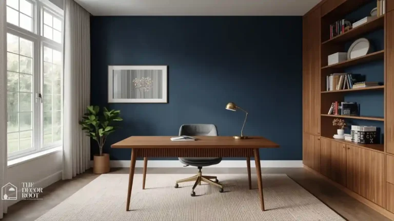 Deep navy home office designed using color psychology to sharpen focus and concentration