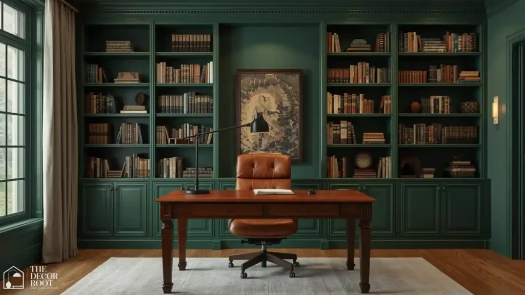 Hunter green home office with built-in bookshelves designed for concentration and focus