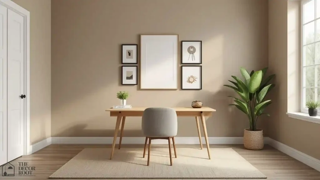 Warm greige home office with minimalist wall art designed for calm, distraction-free focus