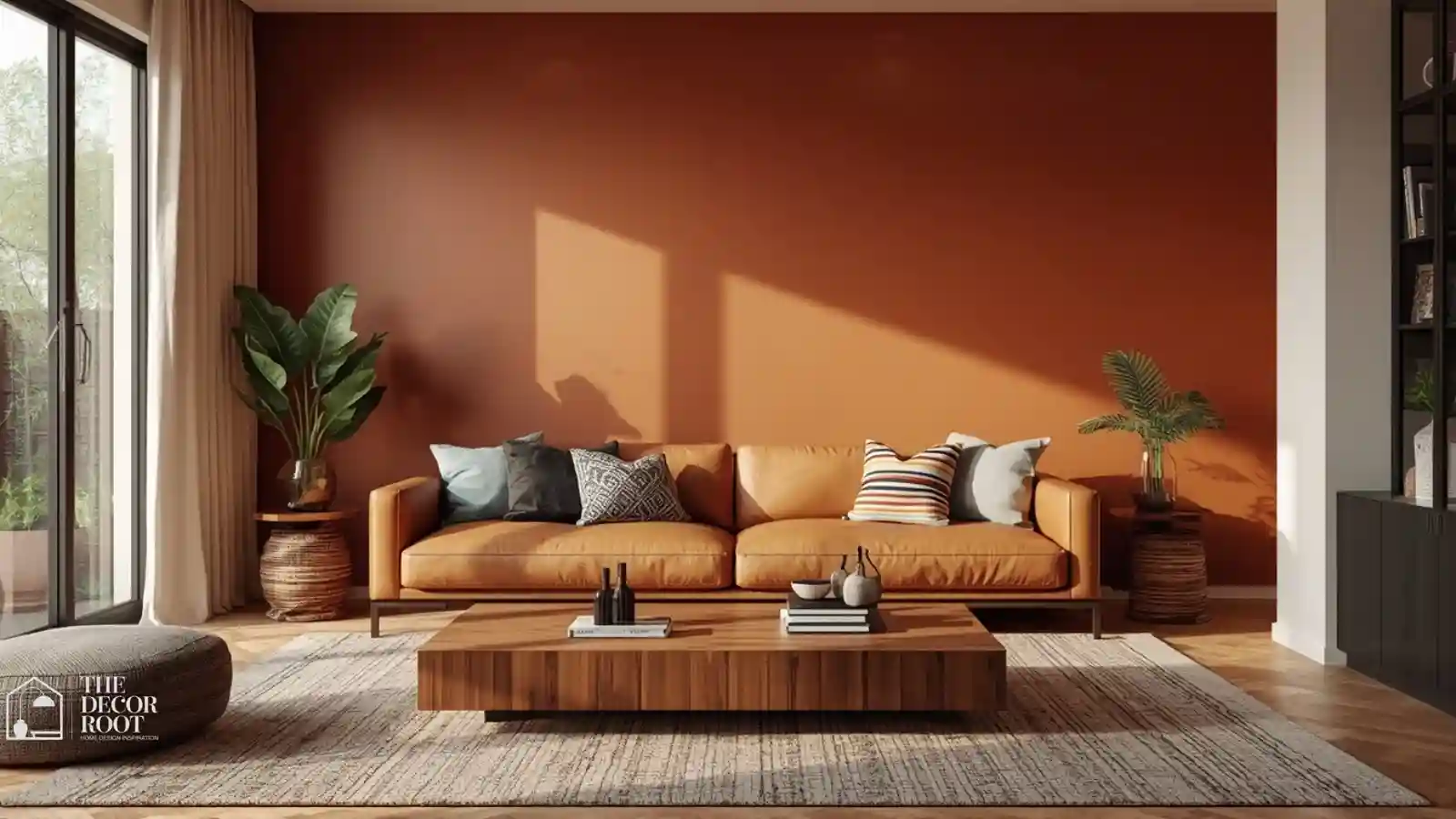Warm terracotta and caramel living room designed using color psychology to feel welcoming