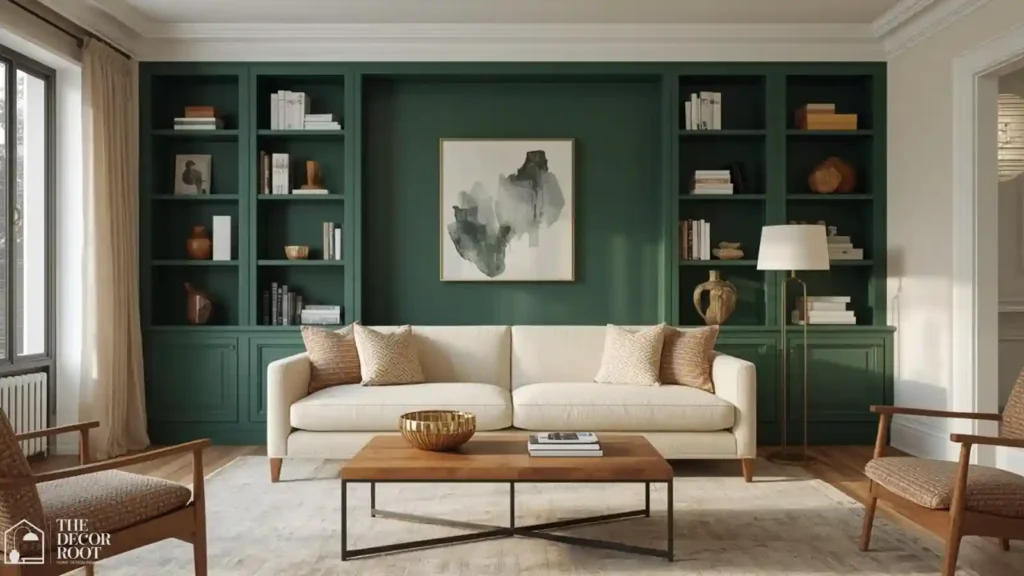 Forest green living room accent wall styled with warm wood furniture for a welcoming feel