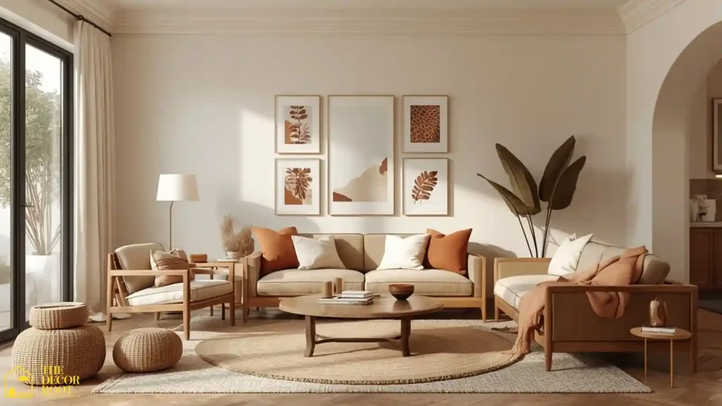 Warm ivory living room with layered textiles and gallery wall art for a welcoming space