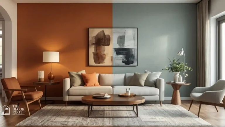 Split-tone living room showing warm terracotta wall on one side and cool sage blue wall on the other