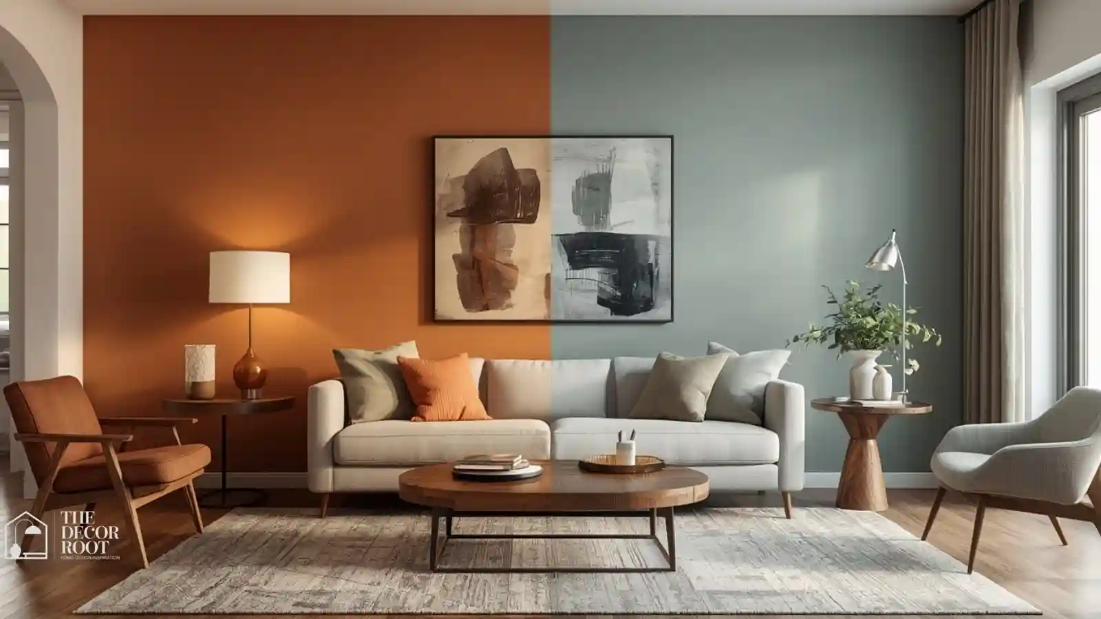 Split-tone living room showing warm terracotta wall on one side and cool sage blue wall on the other