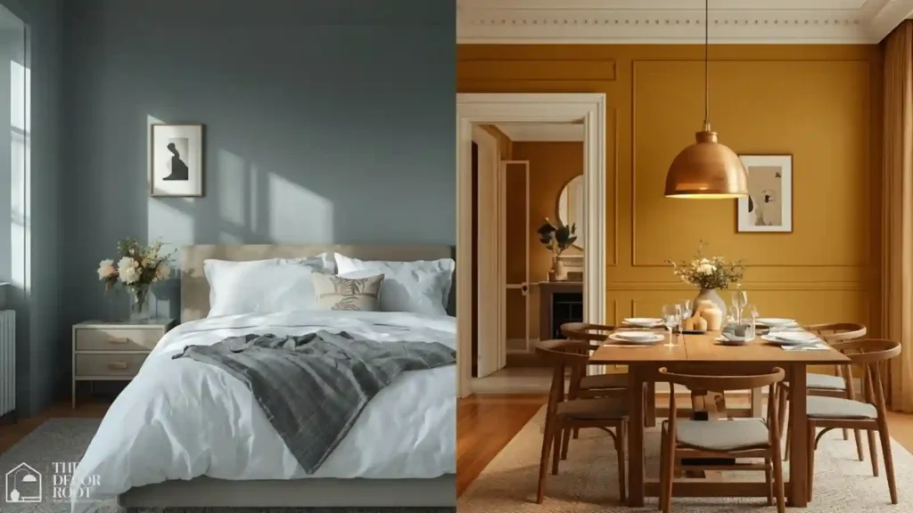 Cool slate blue primary bedroom next to a warm mustard dining room showing contrasting color psychology