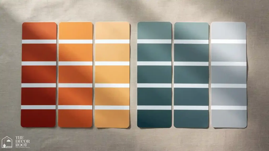 Flatlay of warm and cool paint swatches arranged by color temperature with labeled room icons
