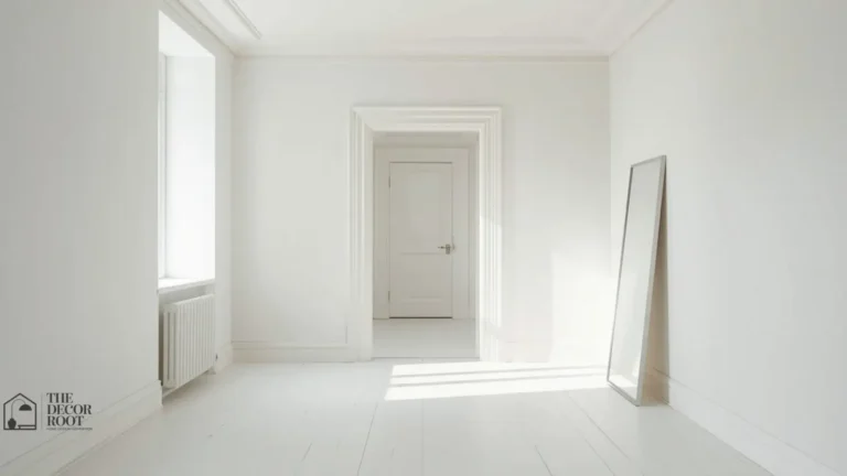 Small studio apartment painted in a single light monochrome color scheme to appear larger