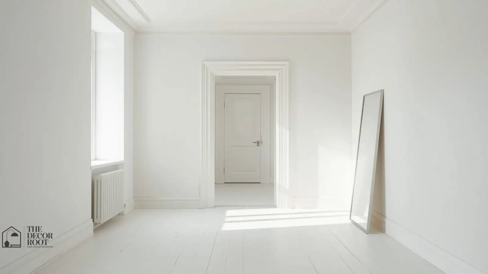 Small studio apartment painted in a single light monochrome color scheme to appear larger
