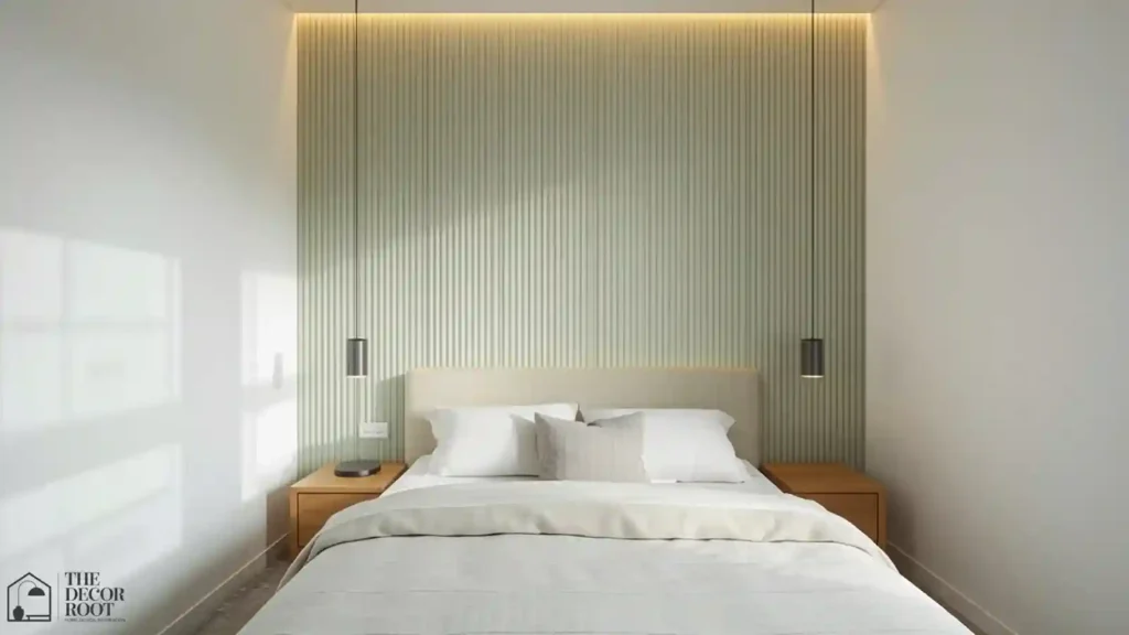 Narrow bedroom with vertical floor-to-ceiling color blocking to add perceived height